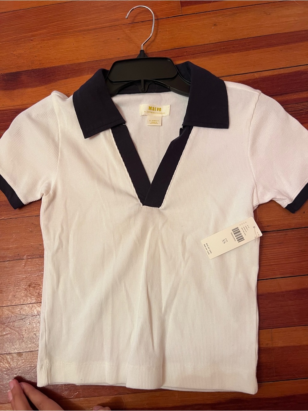 Anthropologie White Ribbed Polo Crop Top with Navy Trim